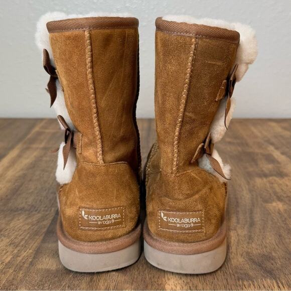 Koolaburra UGG Victoria Short Bow Shearling Sheepskin Boot Chestnut Suede Sz 7 - Picture 4 of 11